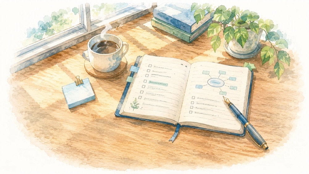 キャリアプランをデスクで考える情景のイラスト