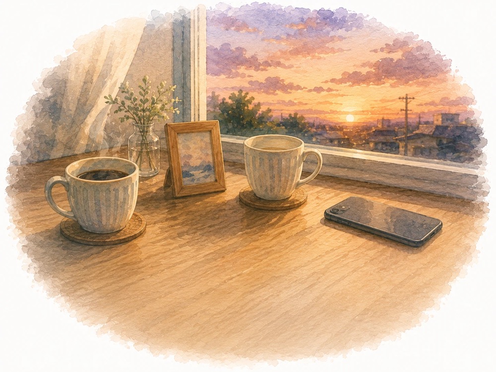 夕暮れの窓辺に置かれた2つのカップのイラスト