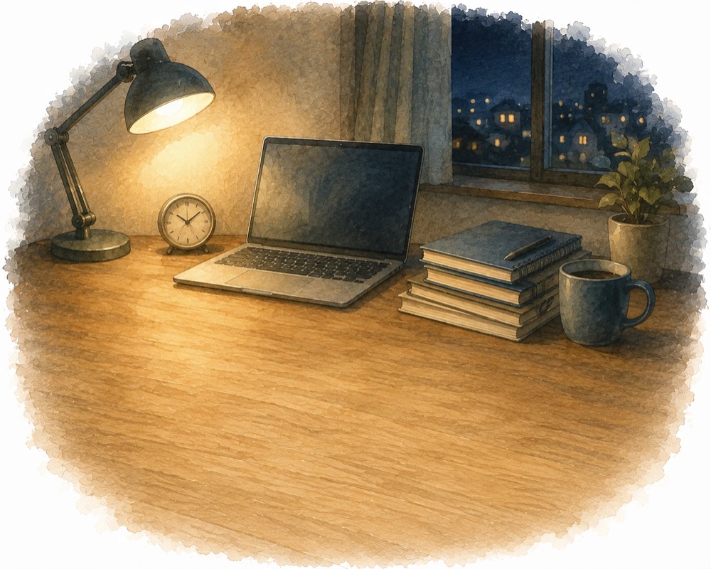 夜のデスクでノートパソコンに向かう情景のイラスト