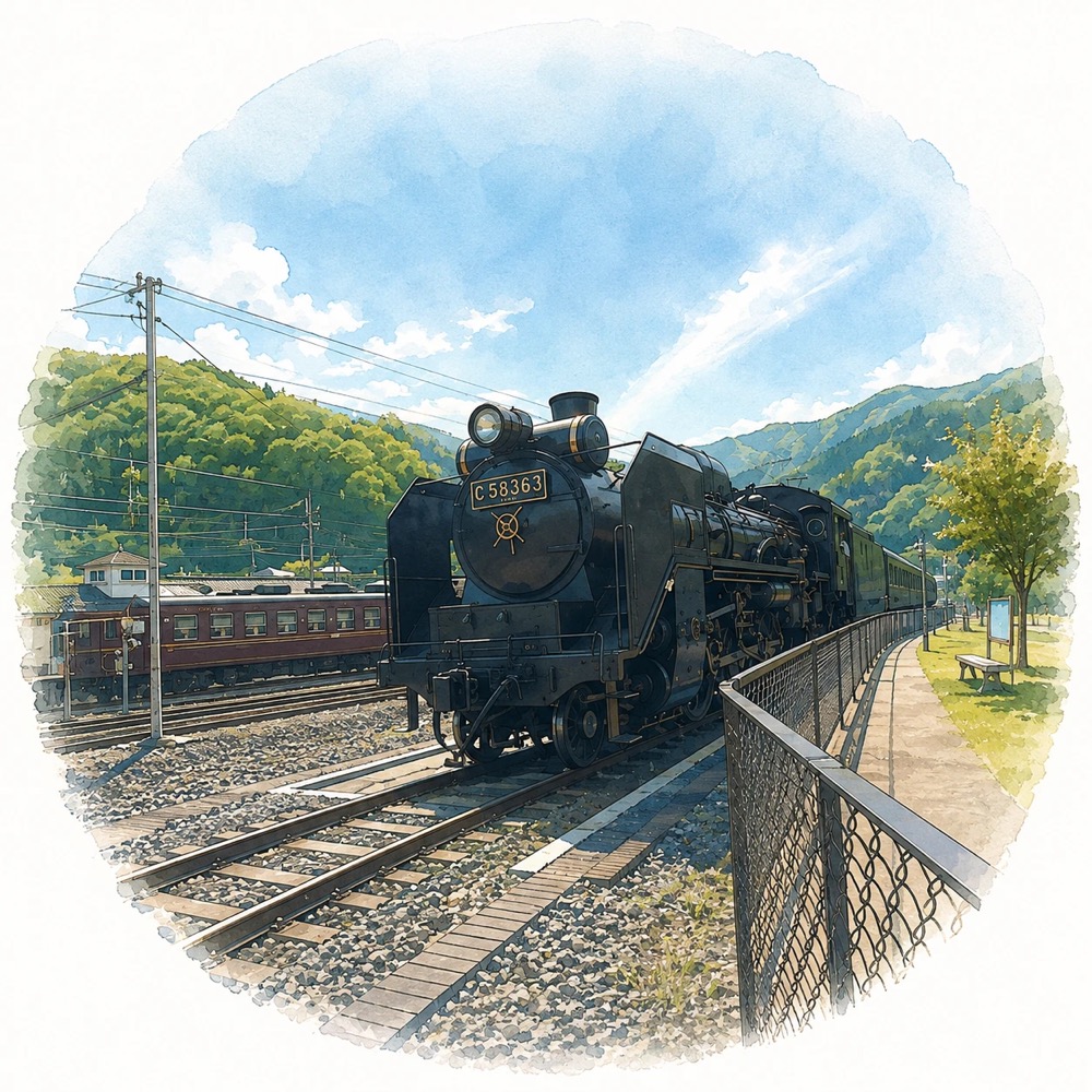 鉄道旅行の風景を描いた水彩イラスト